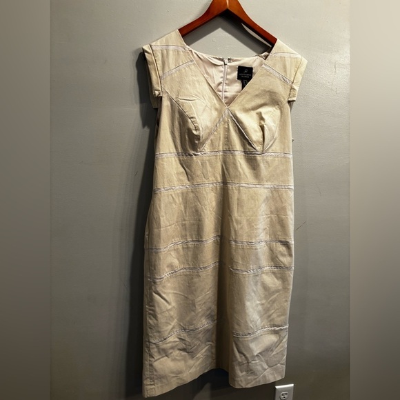 Adrianna Papell Beige Midi Dress with Subtle Stripes business casual cap sleeve - Picture 5 of 15